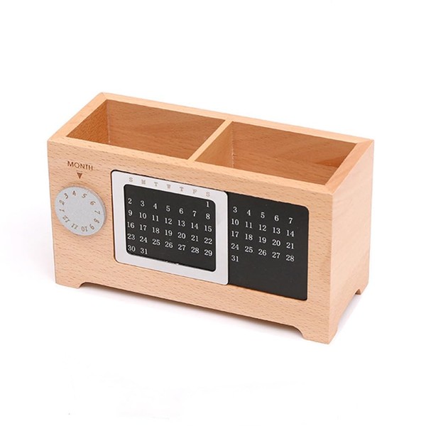 Barrimen - Wooden Pen Organiser (Beech Wood) with Calendar -