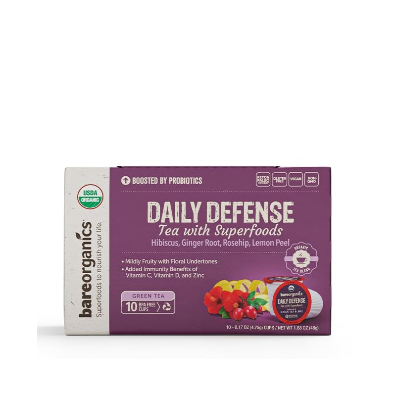 BareOrganics DAILY DEFENSE TEA (Organic) with superfoods and Probiotics, 10ct