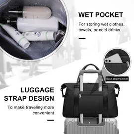 Travel Duffle Bag Large Sports Gym Bag Carry on Bag Waterproof Shoulder Weekender Bag Overnight Bags for Women Lightweight Gym Tote Bag Luggage Bag Hospital Bag Duffel Bag with Wet Pocket, Black