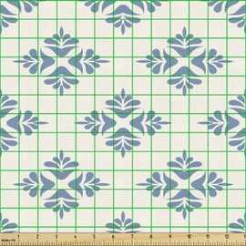 Ambesonne Geometric Fabric by The Yard, Abstract Leaves Design Symmetrical Foliage Scene Nature Vintage Inspiration, Decorative Fabric for Upholstery and Home Accents, 1 Yard, Blue Cream