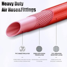 SANFU Hybrid Air Hose 3/8”ID x 25FT, 300PSI Durable, Lightweight, With 1/4” Universal Aluminum 3IN1 Coupler and Plug, Bend Restrictors, Red(25’)