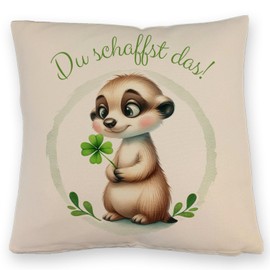 speecheese Meerkat with Clover Leaf Cushion with Linen Look with Saying Du schaffst das Glücksbringer Cute Plant-Loving Animal with Clover Leaf in Hand Green