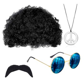 SSKHE 4 Pcs Hippie Costume Set, Funky Afro Wig, Sunglasses, Moustache and Peace Sign Necklace, Disco Hippie Costume 70s/ 80s Hippy Fancy Dress Accessories for Men and Women