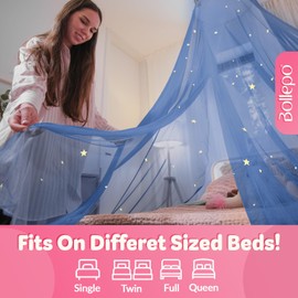 Blue Bed Canopy with Glow in The Dark Stars for Girls, Boys, Kids and Babies, Net Use to Cover The Baby Crib, Kid Bed, Girls Bed Or Full Size Bed, Fire Retardant Fabric
