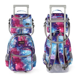 Tilami Rolling Backpack 18 inch Double Handle with Lunch Bag Wheeled Kids Backpack, Galaxy