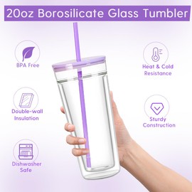 Greefun 20oz Double Wall Insulated Glass Tumbler with Lid and Straw, Borosilicate Drinking Cup for Hot and Cold Drinks, Iced Tea Coffee Smoothis To Go Tumblers (Periwinkle)