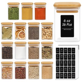 ComSaf 16Pcs Glass Spice Jars with Bamboo Lid, 6oz Airtight Square Containers with 275 Black Lables, Empty Seasoning Jars for Salt Sugar