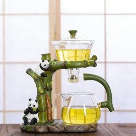 Lazy Kungfu Glass Tea Set Heat Resistant Semi Automatic Drip Rotating with Infuser Magnetic Teapot Set for Gongfu Tea Making Ideal (Panda)