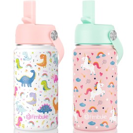 Fimibuke Kids Insulated Water Bottle, 14oz BPA FREE Double Wall Vacuum Tumbler 18/8 Stainless Steel Leak Proof Kids Cups with Straw Metal Bottle for School Boy Girl (2 Pack, UNICORN/WHITE DINOSAUR)