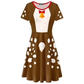 Christmas Reindeer Costume Dress for Women Xmas Jingle Bell Print Short Sleeve Brown Dresses M