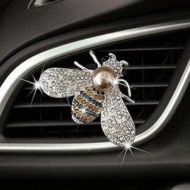 Shiny Bee Vent Clips, Crystal Bee Car Air Freshener Vent Clip Car Bling Interior Decoration Rhinestone Car Bling Accessories (Silver)