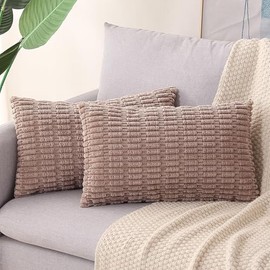 Gujiahone Light Brown Corduroy Decorative Throw Pillow Covers 12x20 Inch Set of 2 Soft Boho Striped Lumbar Pillow Covers Modern Farmhouse Home Decor for Sofa Couch Living Room