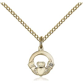 Gold Filled Claddagh Pendant 3/8 x 3/8 inches with Gold Filled Lite Curb Chain