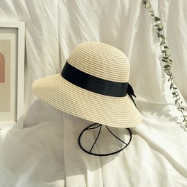 Women Foldable Bowknot Hat Wide Brim Straw Hat Floppy Summer Sun Cap UV Protection Beach Cap Sun Visor Hat for Travel Vacation Beige