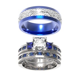 Couple Ring Bridal Set His And Hers Women 10k Yellow Gold Filled Square CZ Men Stainless Steel Band Wedding Ring Band Set, women's size 7 & men's size 13, Paper, Sapphire