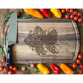 Patterned Butterfly Walnut Cutting Board, 16.75x10 in: Nature-Inspired, Ideal for Butterfly Lovers, Spring Themed Kitchens.