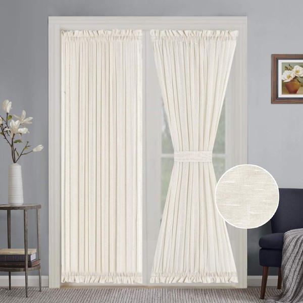 Turquoize Elegant Linen French Door Curtains Light Filtering Curtain Panels Rod Pocket Linen Panel for Glass Door With Tie-Back Privacy Assured Semi Sheer Door Panels, 52"W by 72"L, 2 Panels, Natural
