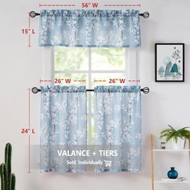 FMFUNCTEX Blue Kitchen Tier Curtains Floral Pattern Short Cafe Window Curtains 24 Inch Length for Bathroom Light Filtering Privacy Blossom Print Rod Pocket Half Small Drapes Basement Laundry 2 Panels