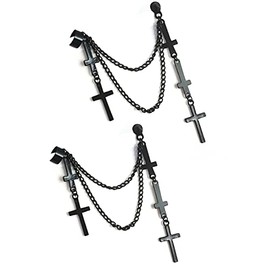 2Pcs Punk Layered Cross Long Threader Tassel Link Chain Dangle Drop Earring Personality Gothic Multilayer Ear Cuff Clip for Women Men Statement Jewelry Gift-B 2 black