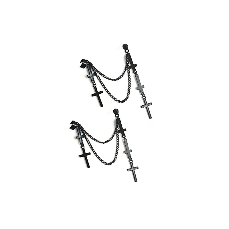 2Pcs Punk Layered Cross Long Threader Tassel Link Chain Dangle