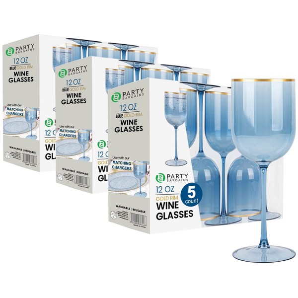 PARTY BARGAINS 15 Wine Goblets - Blue Gold Rim (12oz) - Disposable Shatterproof Elegant Design Plastic Wine Glasses with Stem - For Pool Parties, Outdoors Receptions, Weddings