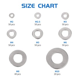 ELECTRAPICK 360Pcs Stainless Steel Flat Washers Assortment Washers Hardware Set, 8 Sizes M2 M2.5 M3 M4 M5 M6 M8 M10, Durable and Rustproof for Home Decoration Factories Repair Construction