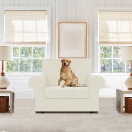 WEERRW Stretch Chair Sofa Slipcover - 2 Pieces Luxury Soft Plush Couch Cover Furniture Protector with Elastic Bottom for Pets, Machine Washable, Ivory, Small