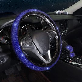 ToBeQueen Bling Pink Steering Wheel Cover Set Bling Car Accessories Set,Steering Wheel Cover Fit 15Inch, Sparkling Shoulder Pad, Rhinestone Gear Shift Cover and Cup Holder, 7 Pack, Blue