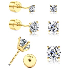 Sllaiss 3 Pairs of Stud Earrings 925 Silver Earrings Set 14K Gold Plated Piercings Stud Earrings Cubic Zirconia Stud Earrings for Women CZ Tragus Helix Piercings Ear Earrings 20G, Sterling silver,