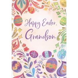 Designer Greetings Outer Border of Brightly Colored Eggs, Stems and Leaves Easter Card for Grandson