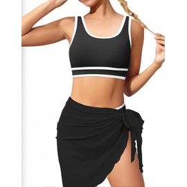 Teen Girls Swimsuit High Waist Sporty Bikini Bathing Suits with Cover Up Skirt and Sunglasses 4 Piece Set 8-15 Years (US, Age, 12 Years, 13 Years, Black)