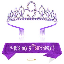 Purple 9th Birthday Crown and Sash Girls 9th Birthday Decoration Rhinestone Birthday Tiara Princess Crown Queen Tiara Birthday Sash Girls 9th Birthday Decoration Party Clothing Accessories,