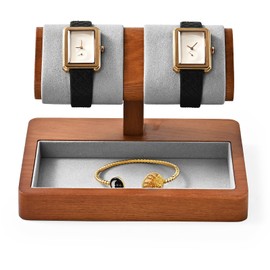 Papten SM23602 Watch Stand, For 2 Watches, Wooden, Tabletop Display, Accessory Storage, Photography, Clock Stand, Gift, Square Type (Light Gray)