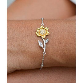 To My Son’s Girlfriend Gift, Sterling Silver and CZ Jeweled Sunflower Bracelet Gift for Son’s Girlfriend