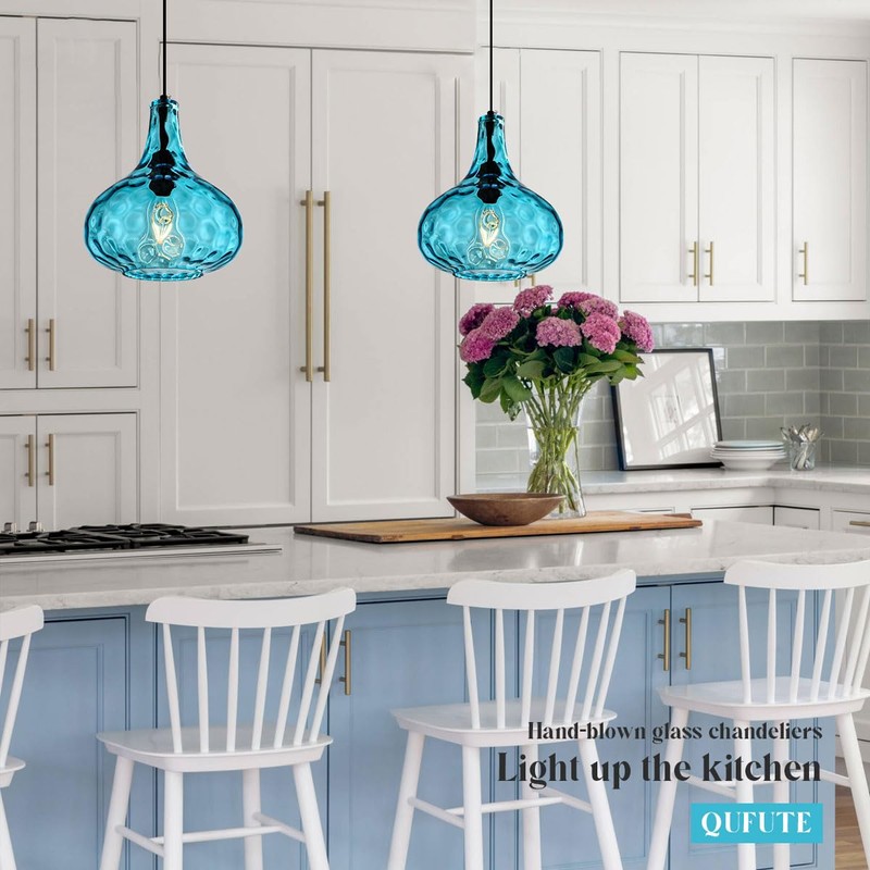 Qufute Mid-Century Modern Plug in Pendant Light Fixture,Blue Glass Pendant