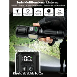 ZARLURY Linterna LED Recargable con Luz Lateral COB en Amarillo y Rojo, 6000 Lúmenes Lámpara de Mano para Camping, Ajustable e Impermeable, con Puerto USB Tipo C