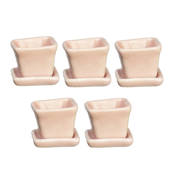 Dollhouse 5 Pink Square Flower Pots with Saucers Miniature Garden