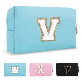 Bolsa de maquillaje personalizada con inicial A-Z Preppy Bolsa de parche pequeña de piel sintética con cierre, bolsa de aseo blanca bonita para adolescentes, niñas, mujeres, cumpleaños, amigas y madres, Azul, letra blanca, V, Moda