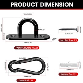 sprookber 304 Stainless Steel Pad Eye Snap Hooks, M6 Heavy Duty Ceiling Hooks, 800 lb Capacity Hammock Swing Hanging kit, Plant Hangers, Marine Hardware Staple Hook Loop with Screws, Set of 8(Black)
