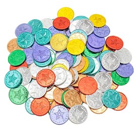 100 Colorful Star Coins, “Bright Idea Brilliant” Plastic Coins for Kids School Classroom Teacher Learning Incentives，Ideal School Reward and family encouragement coins.