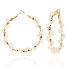 Sparkle Rhinestone Crystal Wrapped Hoop Earrings Glitter Shiny Beads Twist Large Circle Earrings Loop for Women Party Bridal Wedding Statement Jewelry-round white