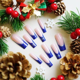 LPOODDNU Long Square Christmas Press on Nails Blue French Tip Fake Nails with Sliver Snowflake Designs Winter Glue on Nails Long Christmas Nails Press ons for Women Manicure Tips Decorations 24Pcs