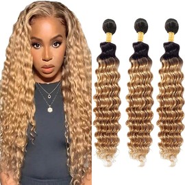 ZCMYVINND 1B27 Honey Blonde Deep Wave Bundles Human Hair Ombre Bundles Deep Wave Human Hair 16 18 20 Inch 2 Tone Black to Honey Blonde Double Weft No Tangle