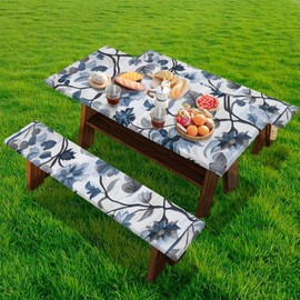 YUVAMAGIMO Blue Floral Picnic Table Cover with Bench Covers Fancy Table Chair Covers Foldable and Portable Flexible Picnic Table 3 Piece Set Fits Most Rectangular Picnic Tables Gifts for Friend