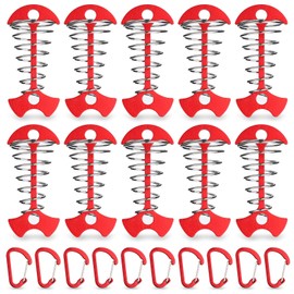 TOBWOLF 10PCS Red Deck Anchor Pegs with Carabiners, Windproof Aluminum Deck Tie Down Spring Tent Stakes, Camping Outdoor Fishbone Tent Anchors Tent Rope Tensioner Guyline Cord Adjuster Tent Pegs