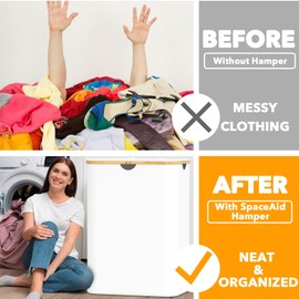 SpaceAid Double Laundry Hamper 2 Section with Lid and Removable Laundry Bags, 160L Clothes Basket with Bamboo Handles, Large Collapsible Hamper for Bedroom, Bathroom, Dorm, Laundry Room - White