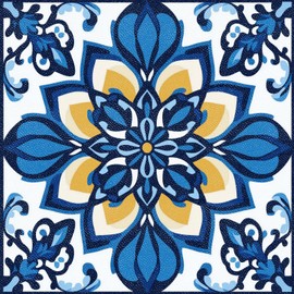 HOMETITUTE 10PCS 12x12 Inch Mediterranean Blue Floral Peel and Stick Floor Tiles Removable Self Adhesive Vinyl Flooring Stickers for Kitchen Bathroom Entryway Home Decor