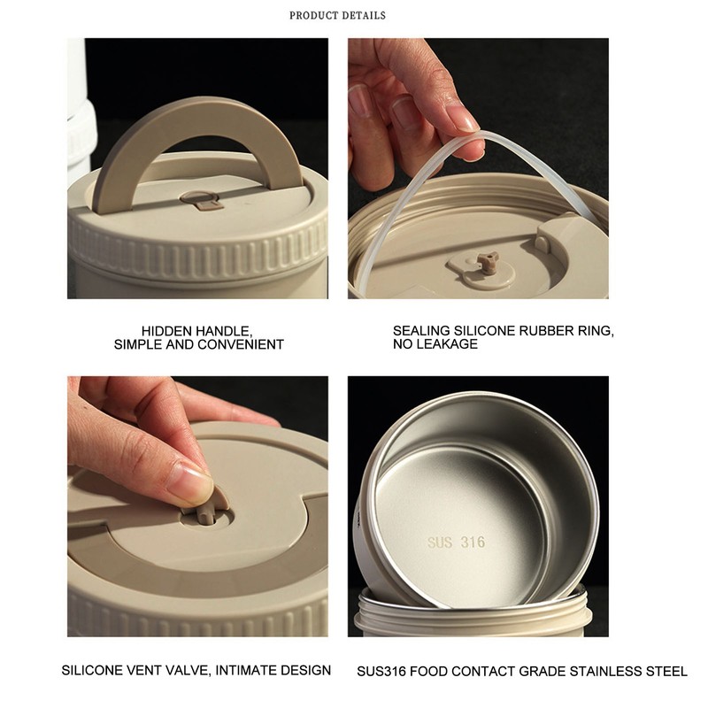 Insulated Food Container Beige 316 Stainless Steel Round Sealed Leak