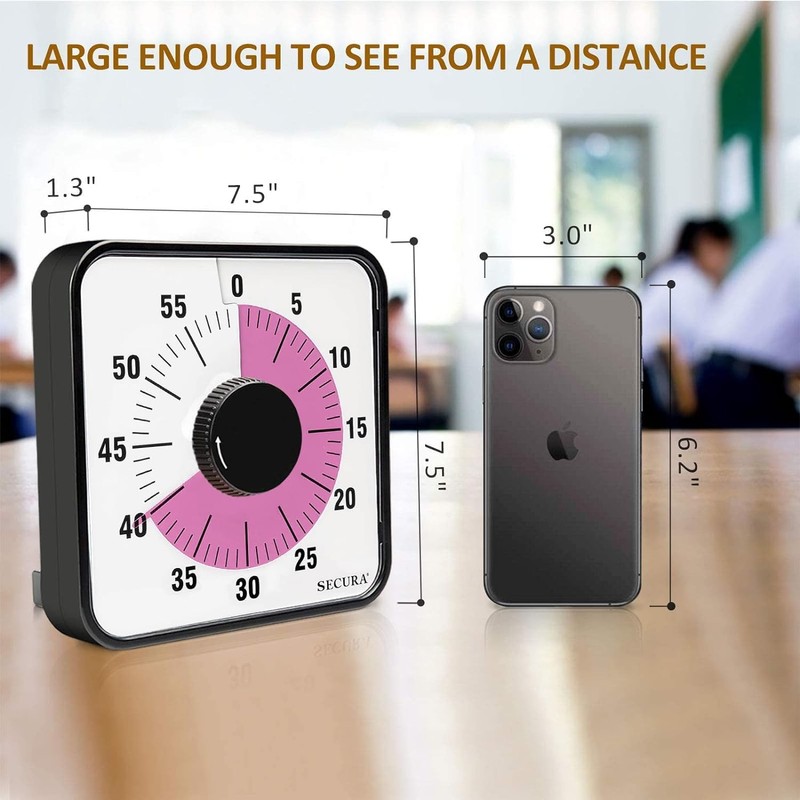 Secura 60-Minute Visual Countdown Timer, 7.5-Inch Oversize Classroom Visual Timer