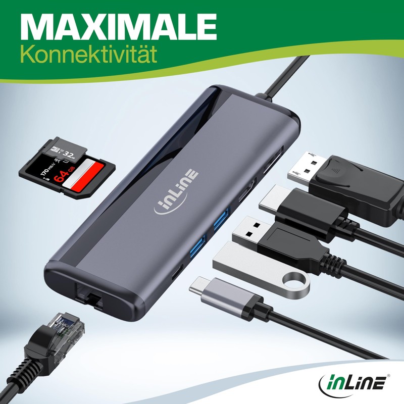InLine 8-in-1 USB-C Multihub, Docking Station, 8K HDMI & DisplayPort,